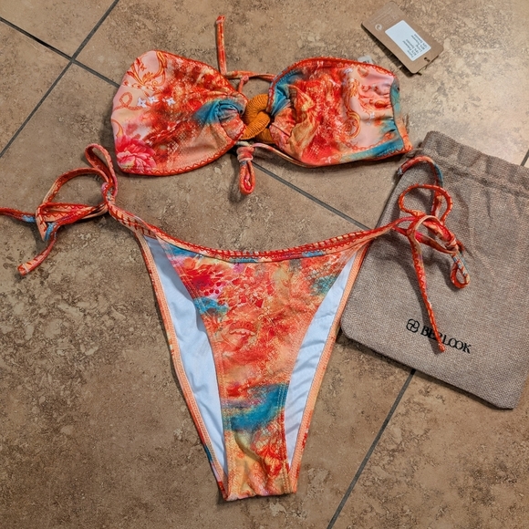 Samiol NWT Medium Orange Floral Bandeau Bikini Set - Picture 1 of 3